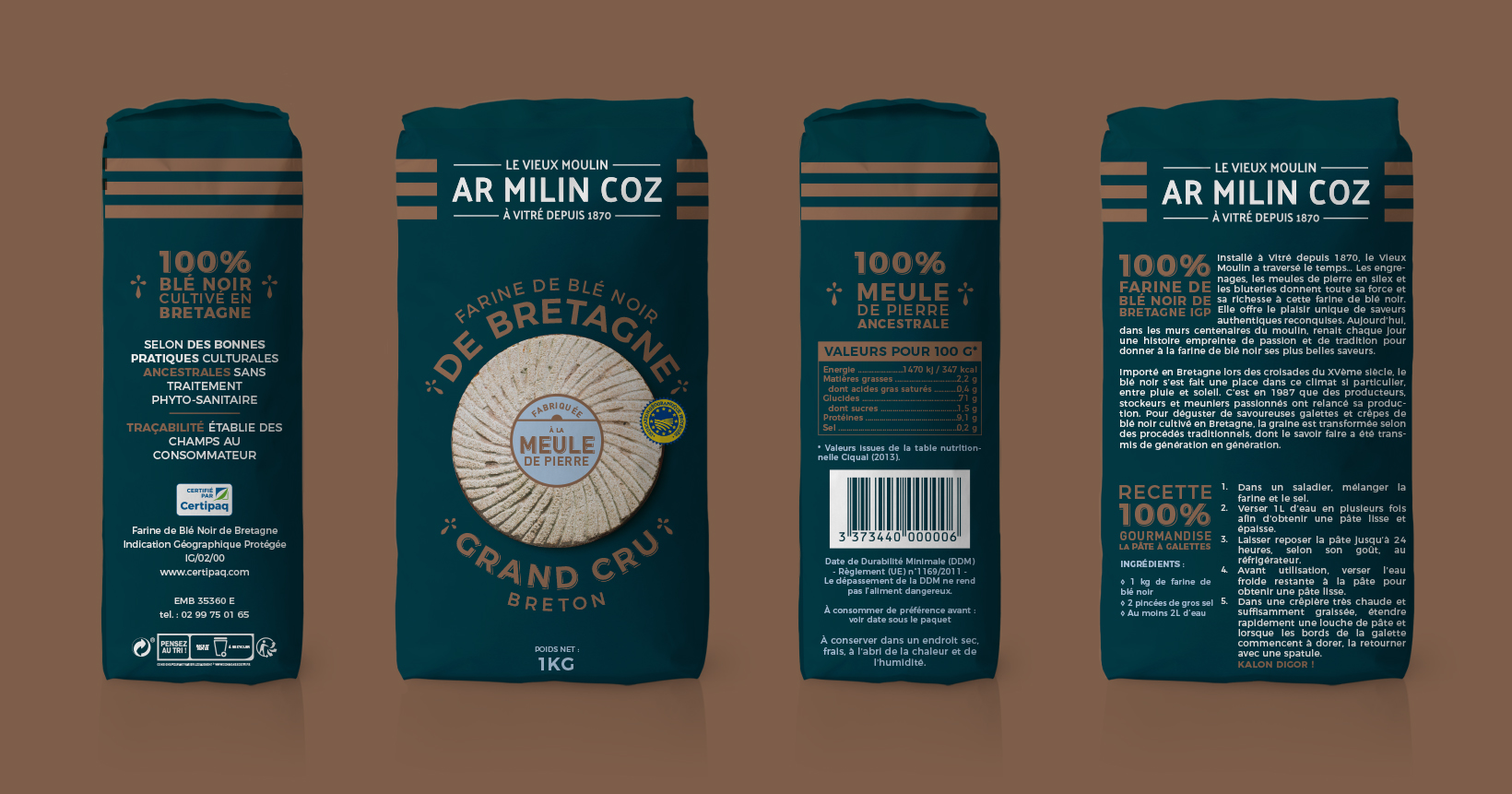 Gamme de packaging Ar Milin Coz, quatre vues, farine de blé noir