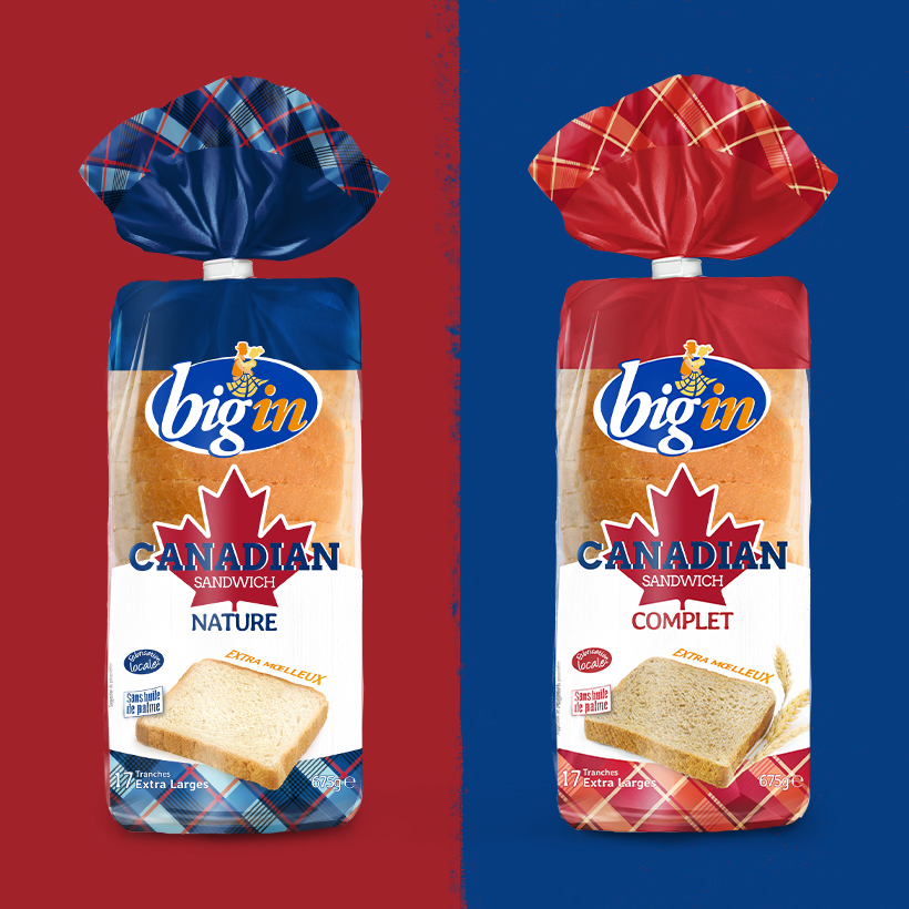 Gamme de sachets de pain de mie canadien Big’In, vue de face, sur fond bleu foncé et rouge