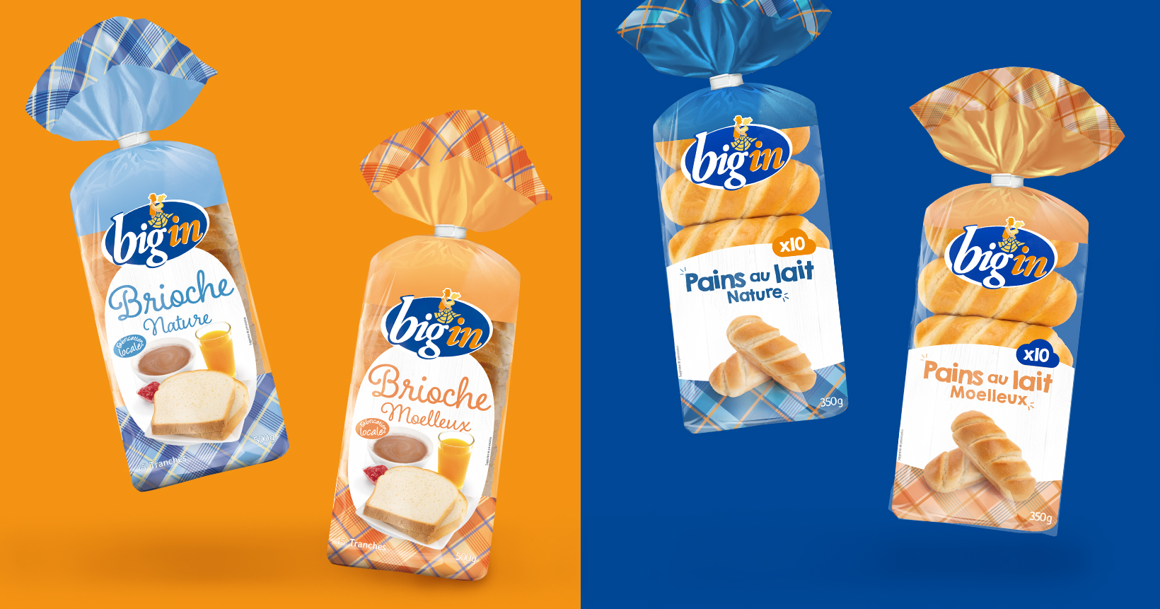 Gamme de quatre sachets de brioches et pains au lait Big’In, sur fond jaune et bleu