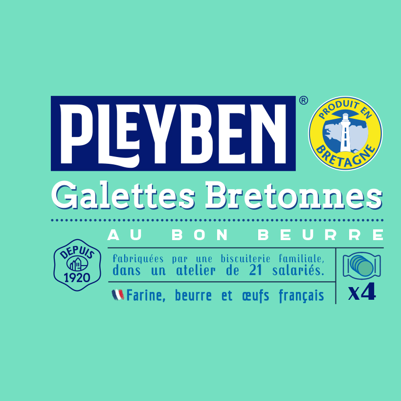 Éléments marketing Pleyben, dénomination produit, sur fond turquoise