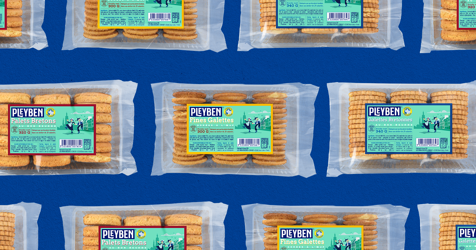 Gamme de barquettes de galettes et palets Pleyben, sur fond bleu foncé