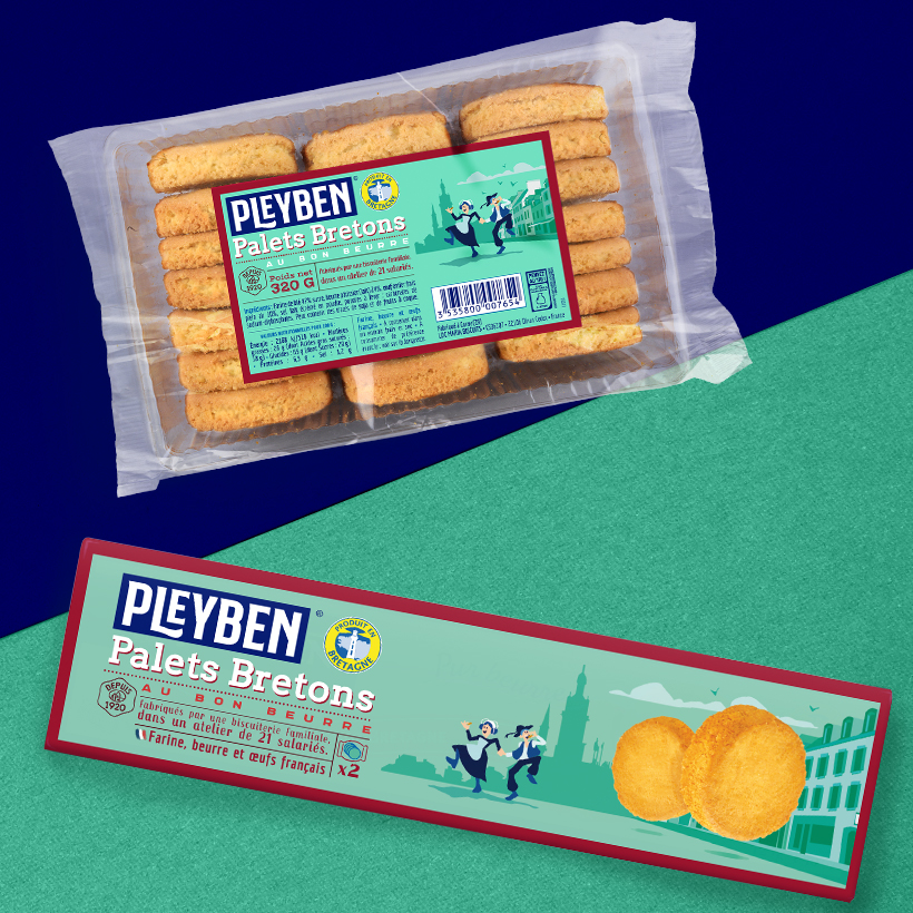 Gamme de packagings de palets Pleyben, barquette et étui, sur fond bleu et turquoise