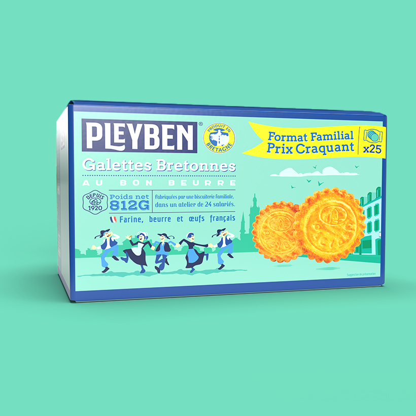 Packaging gros conditionnement Pleyben, vue de face, sur fond turquoise
