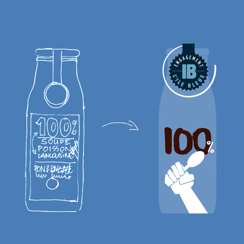 Esquisse packaging L’ile Bleue, au crayon blanc, sur fond bleu