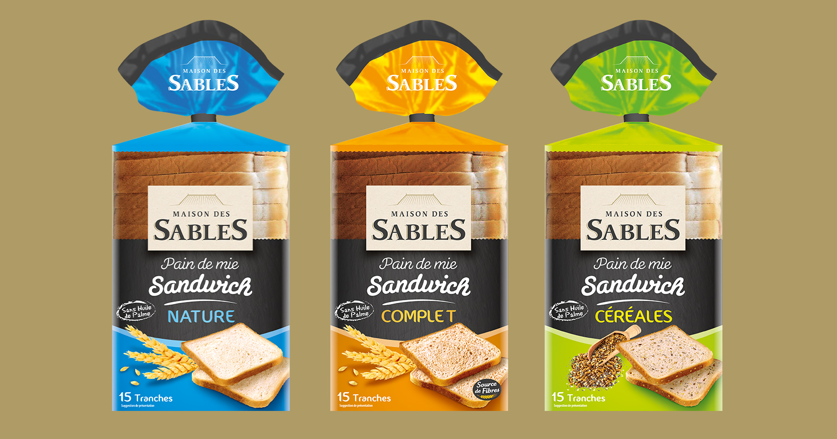 Gamme de trois packagings Maison des sables, pain de mie, sur fond doré