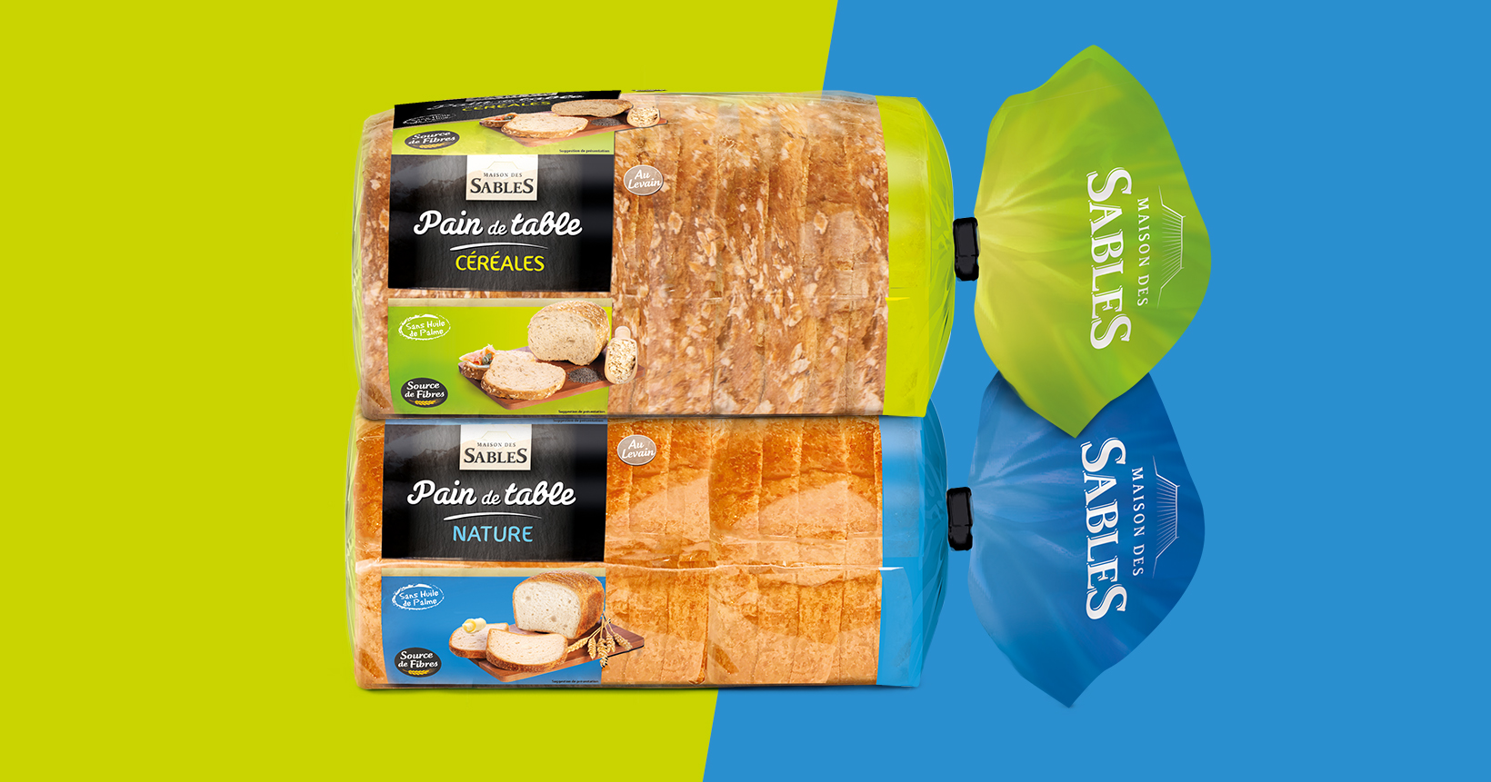 Gamme de deux packagings Maison des sables, pain de table, sur fond vert et bleu