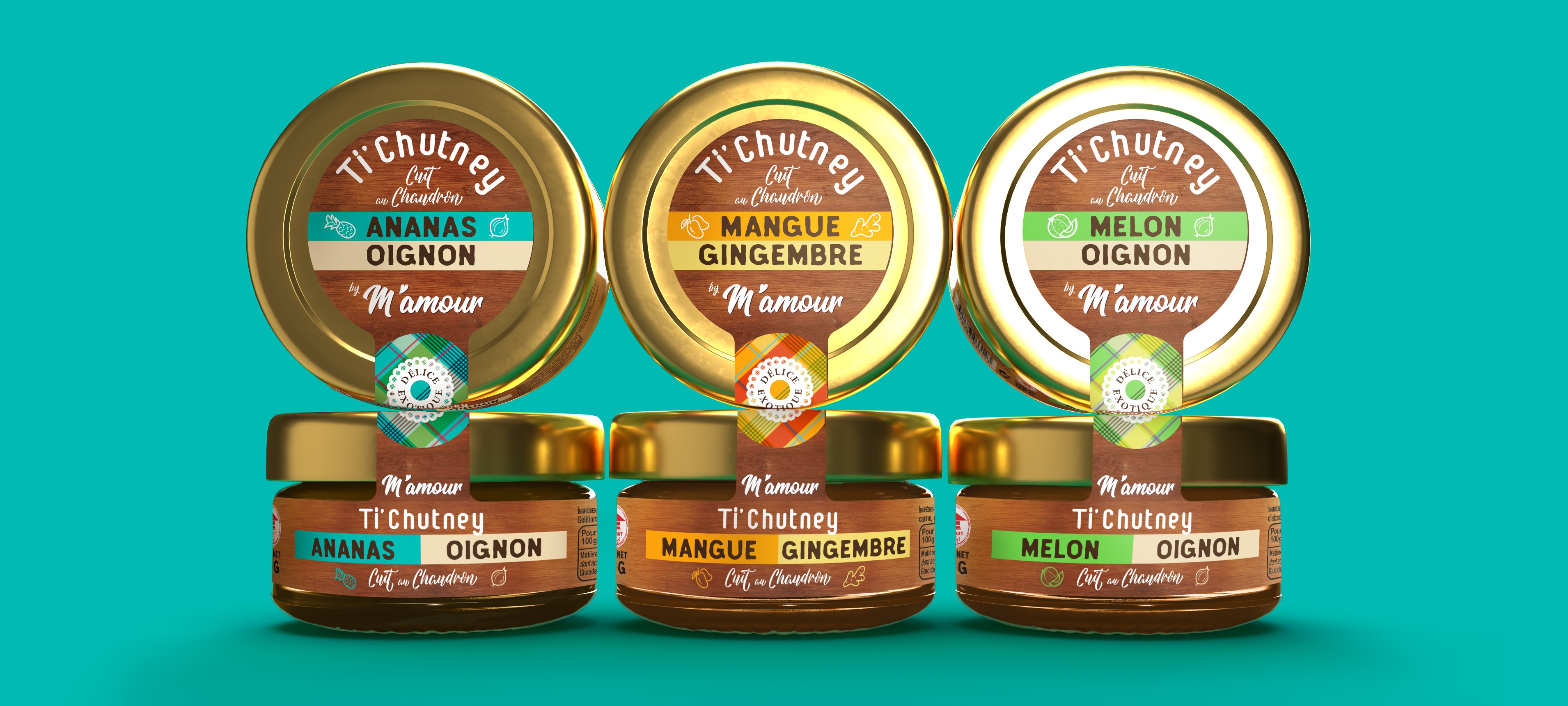 Gamme de packagings M’Amour Guy Lesueur, chutneys, vue de face et de dessus, sur fond bleu