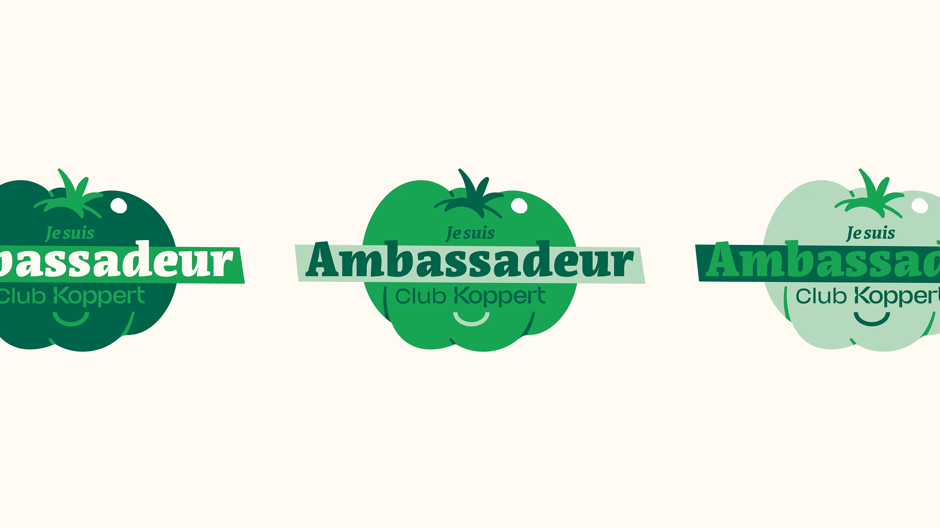 le logo ”je suis ambassadeur Koppert” dans différentes déclinaisons de couleurs, utilisant les tons verts de la charte Koppert, avec une illustration de tomate