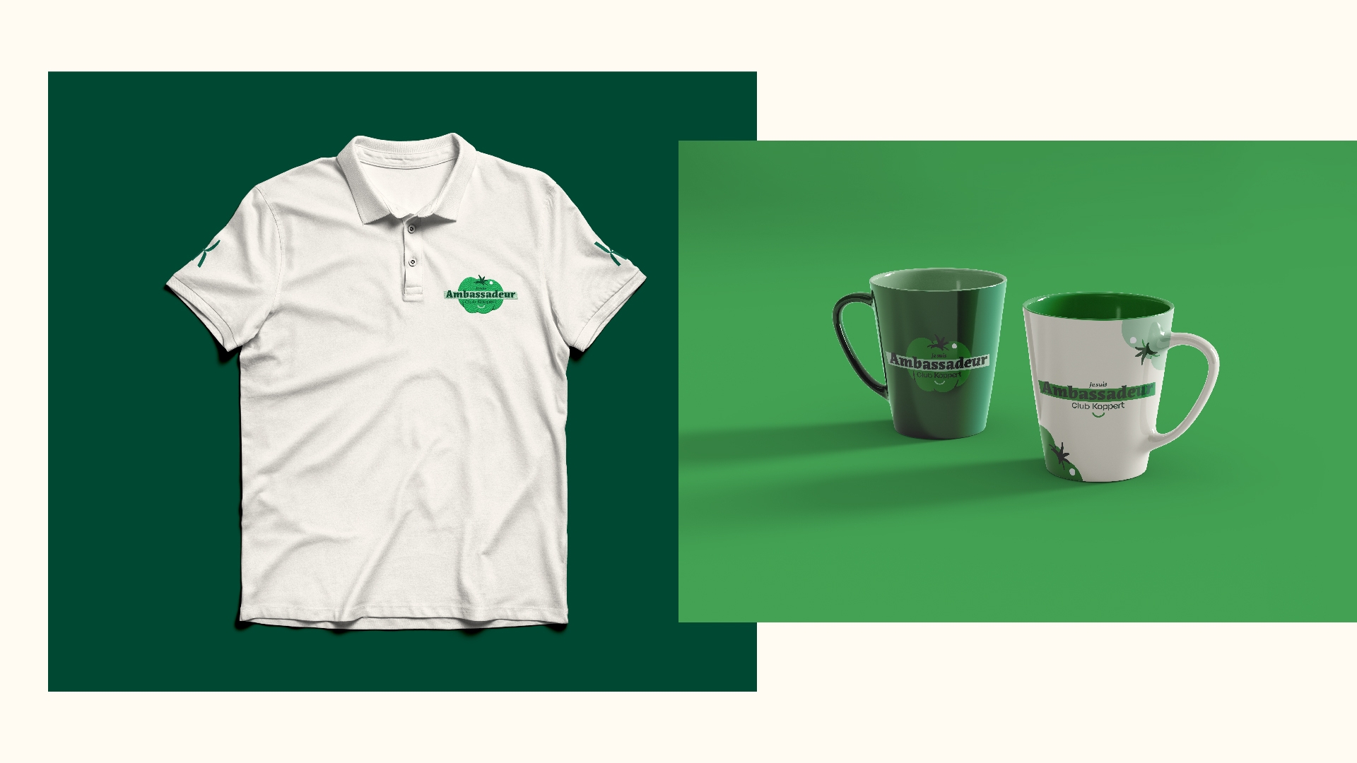 À droite, un polo blanc à manche courte sur lequel est brodé le logo ”Je suis ambassadeur Koppert” avec une illustration de tomate, sur la droite des mugs avec des éléments graphiques créés pour le projet