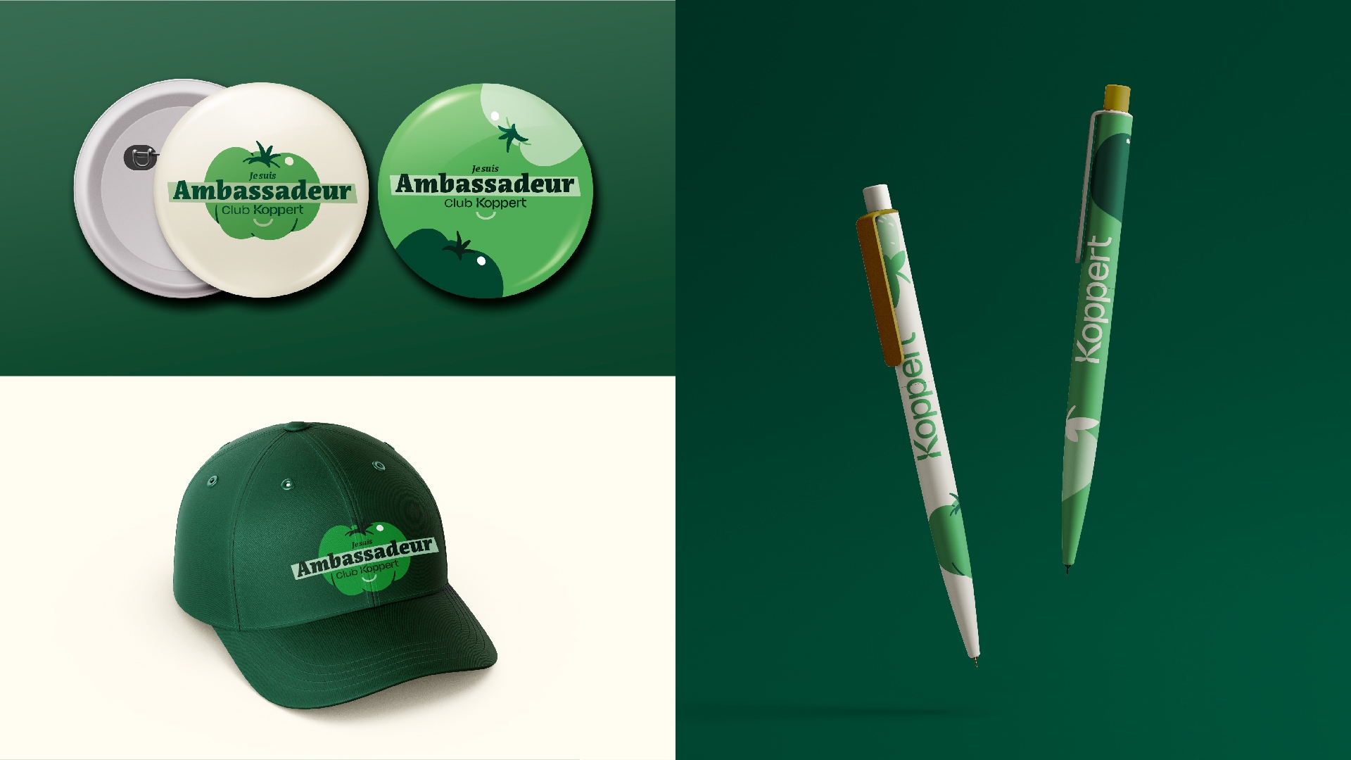 des bages, une casquette et des stylos personnalisés avec les éléments graphiques créés pour le projet ”Je suis ambassadeur Koppert”