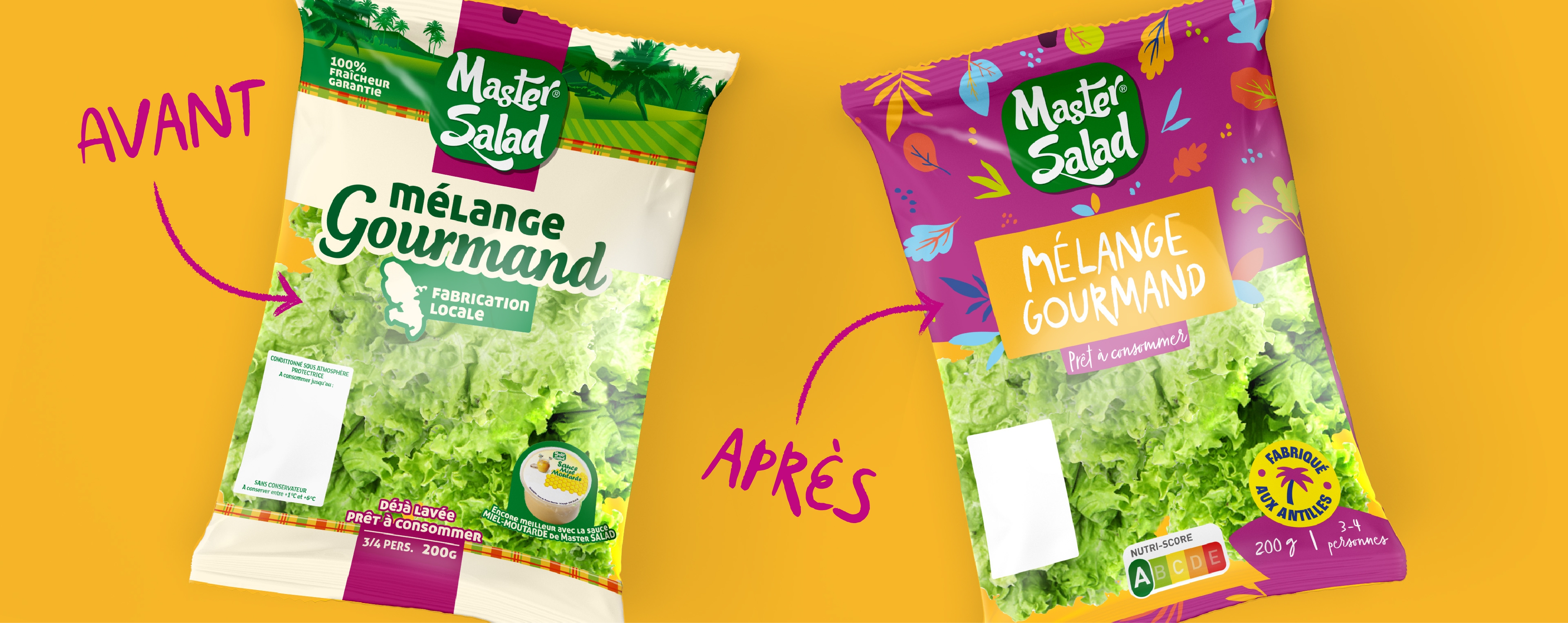 L’ancien et le nouveau sachet de salade Master Salad sur fond jaune, vus du dessus