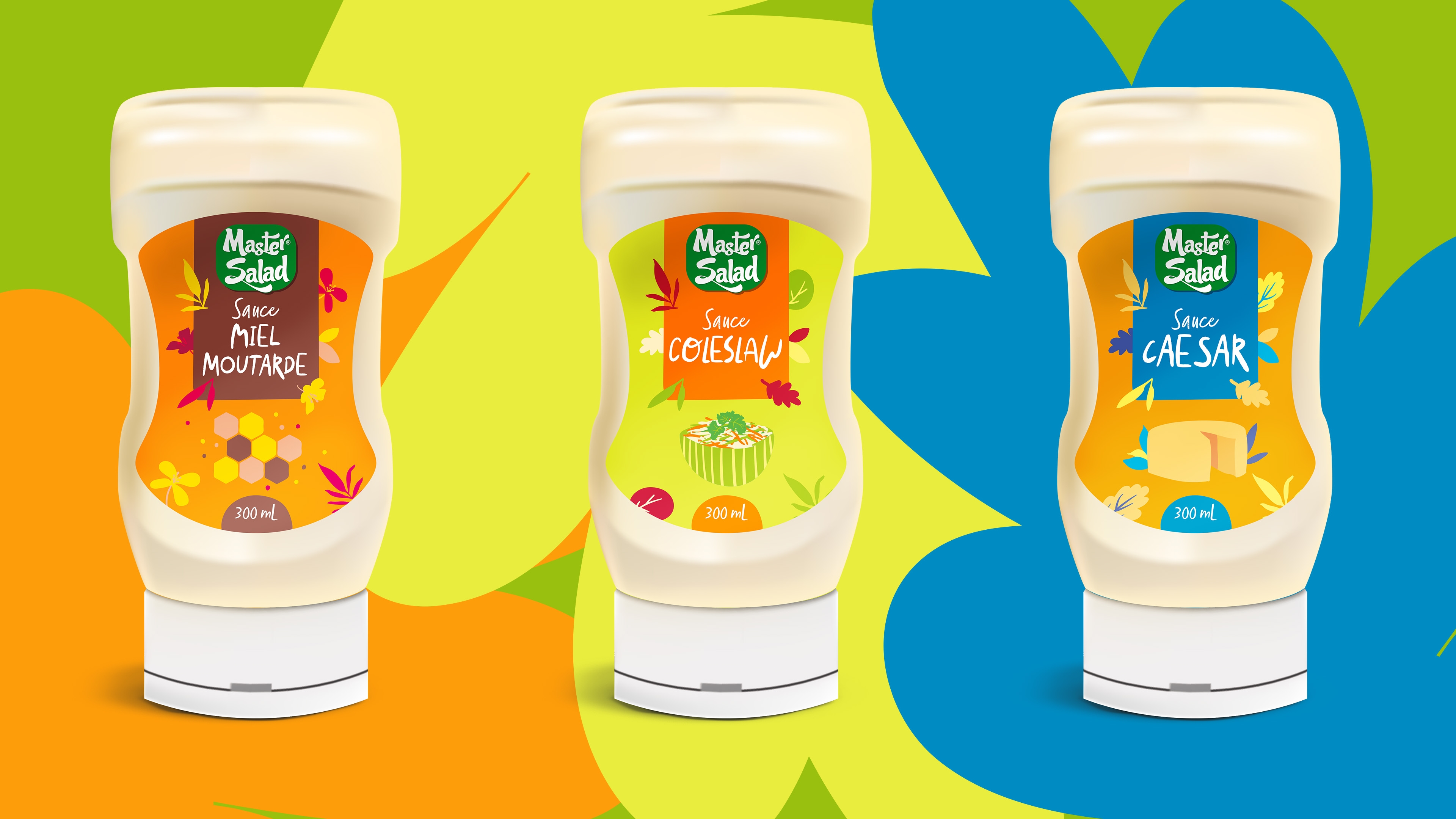 Visuels de trois des sauces Master Salad dont les étiquettes ont été refaites par Point Cardinal : miel moutarde, coleslaw, caesar