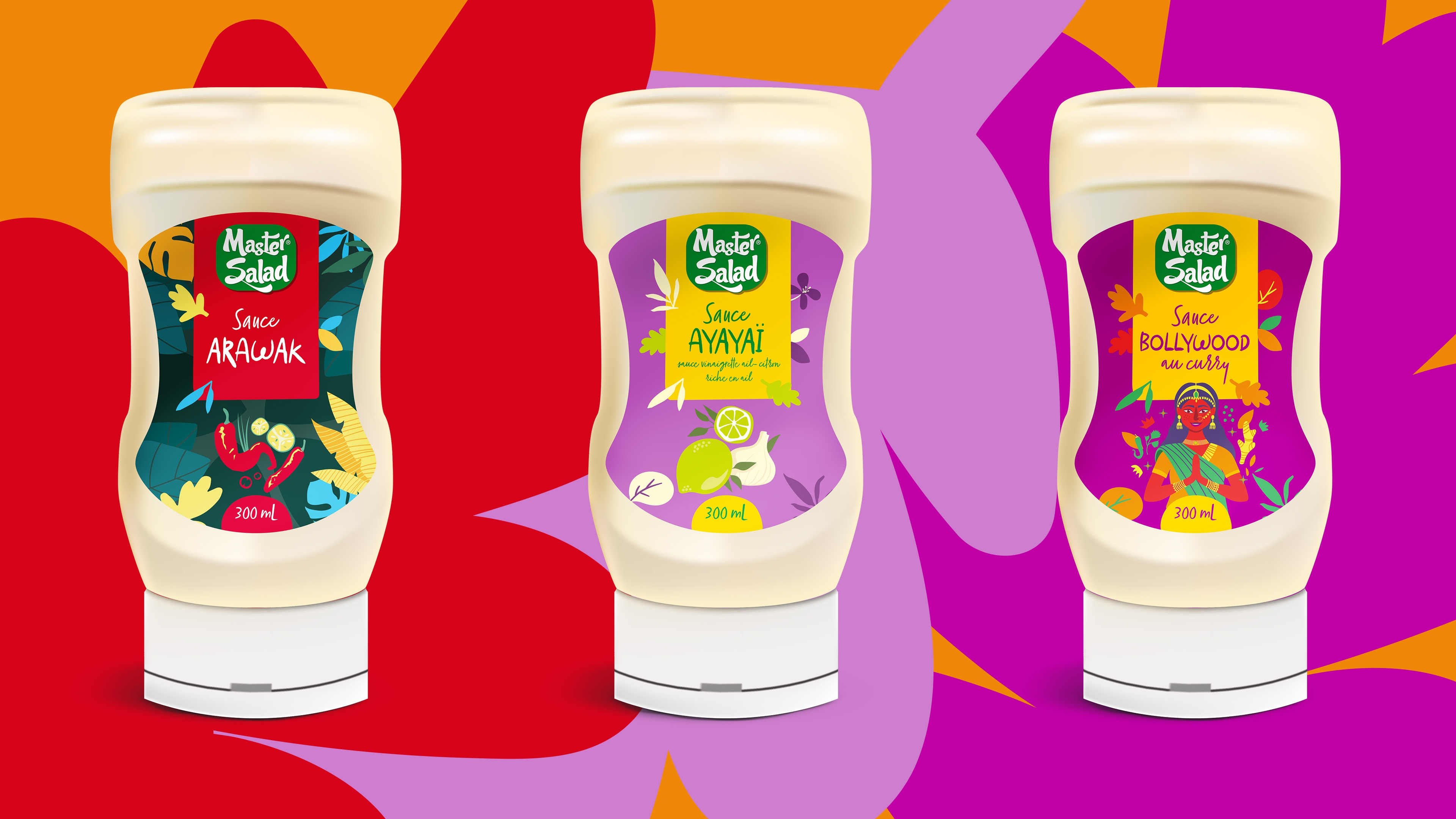 Visuels de trois des sauces Master Salad dont les étiquettes ont été refaites par Point Cardinal : Arawak (sauce piquante), Ayayaï (ail citron), Bollywood (curry)