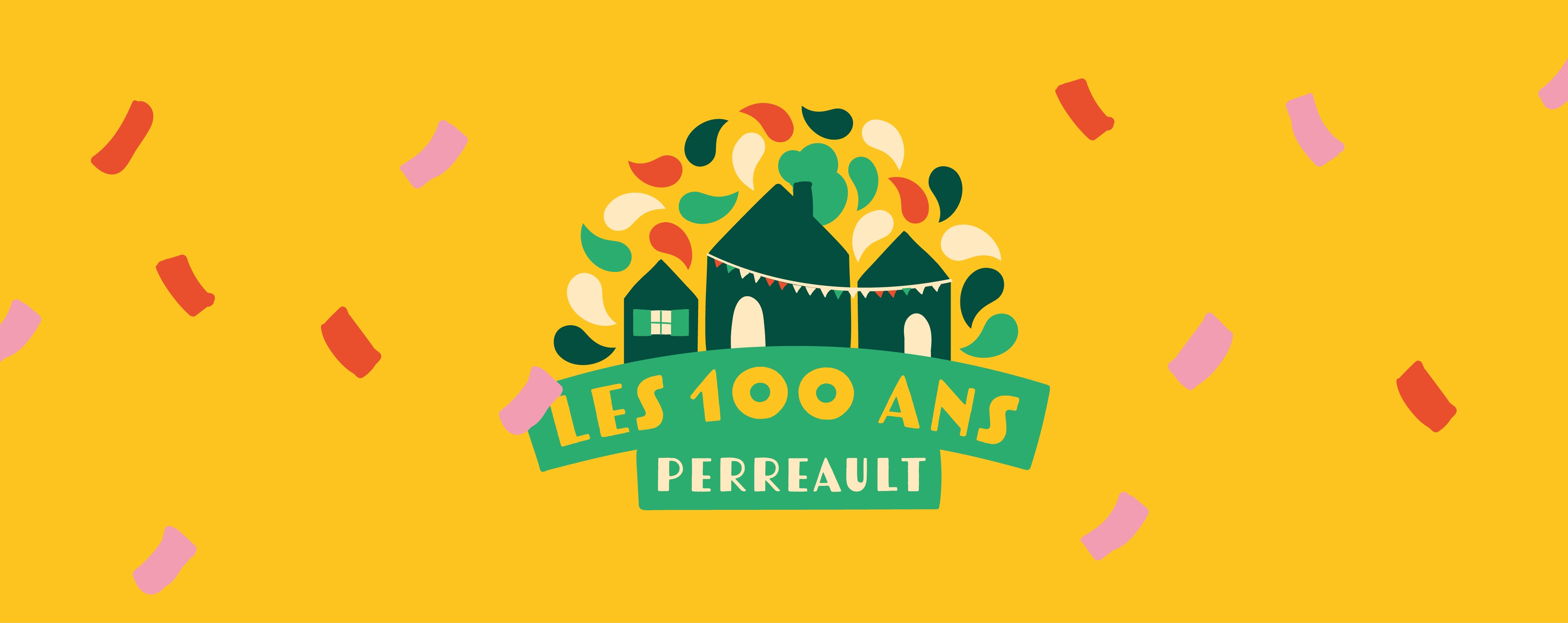 Logo Les 100 ans Perreault sur fond jaune entouré de confettis