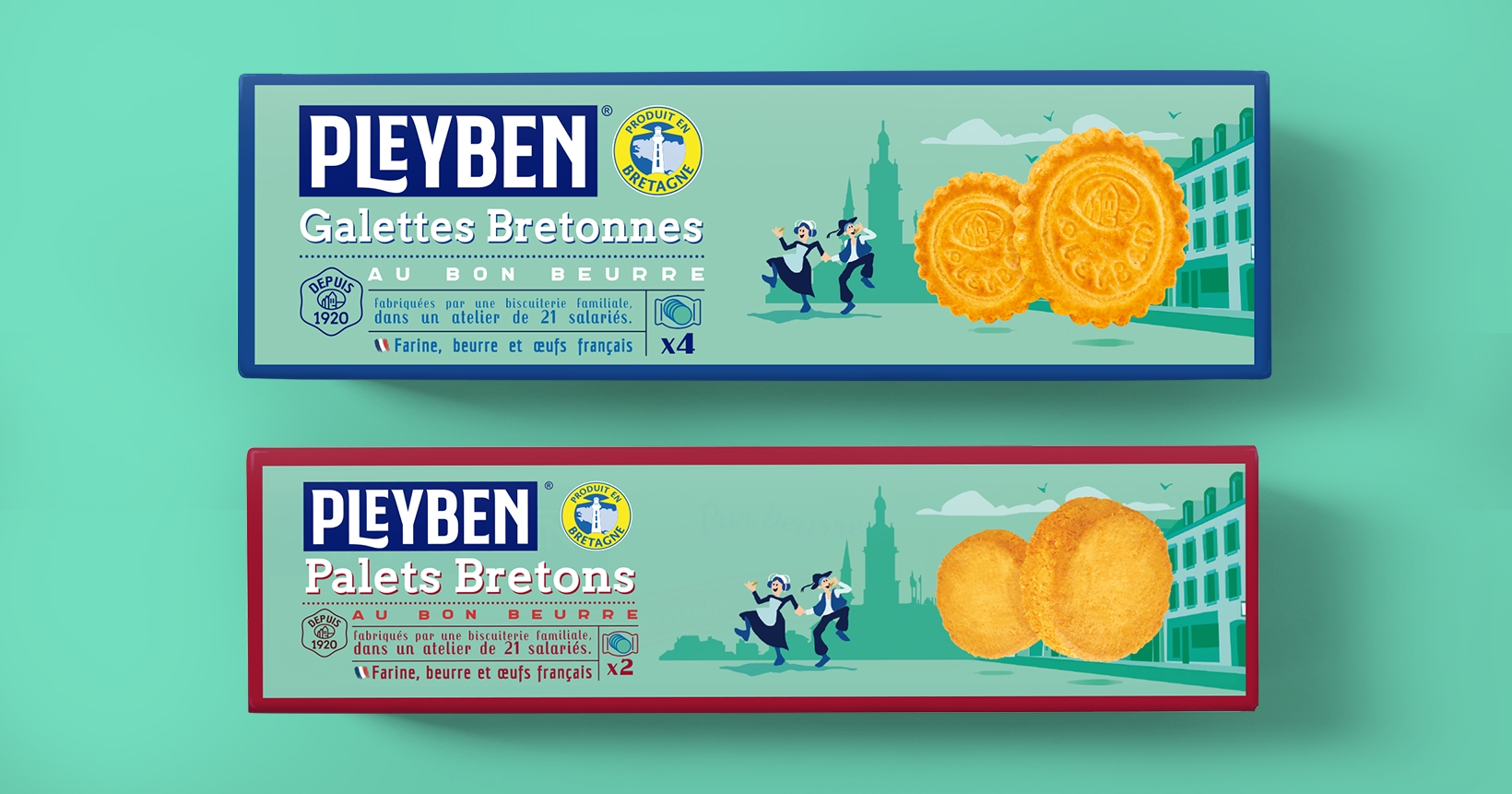 Composition étuis Pleyben et illustration de danseurs bretons, sur fond turquoise